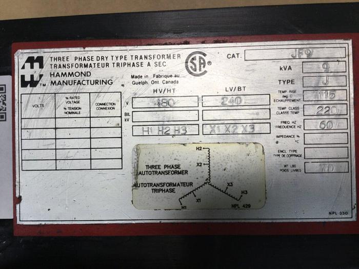Used HAMMOND 9 kVA Transformer JF9 #101998