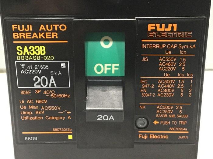 Used FUJI ELECTRIC 20 Amp Auto Circuit Breaker SA33B-20 Used #127850