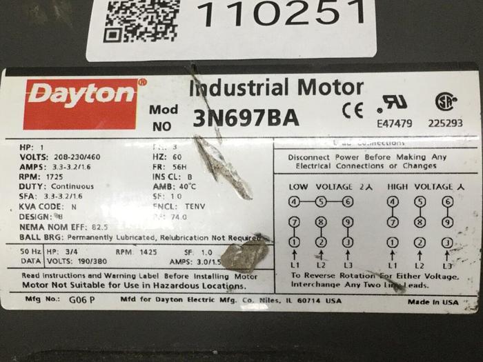 Used DAYTON 1 HP Industrial Motor 3N697BA Used