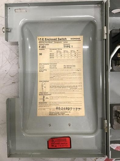 Used SIEMENS 30 Amp ITE Heavy Duty Vacu-Break F-351 #127056