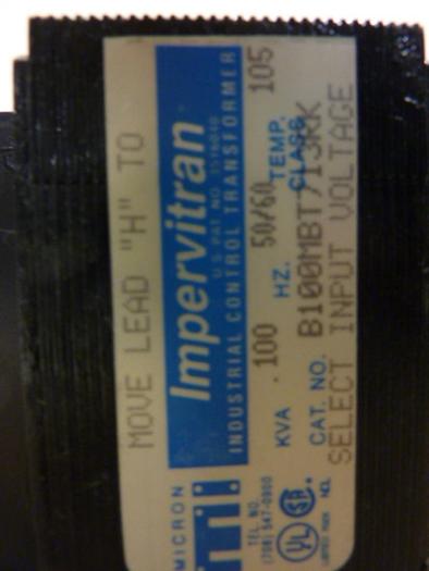 Used IMPERVITRAN .100 kVA Transformer B100MBT713RK #63337