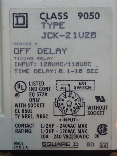 Used SQUARE D Time Delay Relay 9050-JCK-21V20 #31845