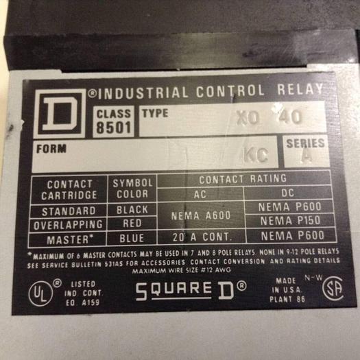 Used SQUARE D Control Relay 8501-XO40 #84403