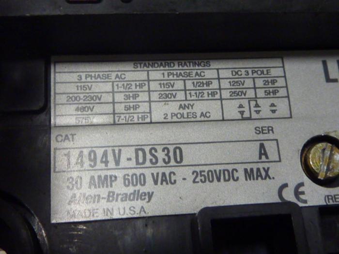Used ALLEN BRADLEY 30 Amp Disconnect Switch 1494V-DS30 SER A #57403