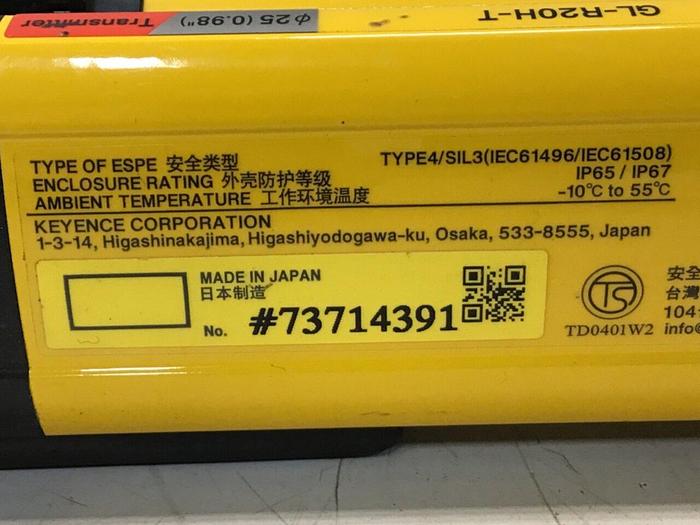 Used KEYENCE CORP Light Curtain Transmitter GL-R20H-T #133678