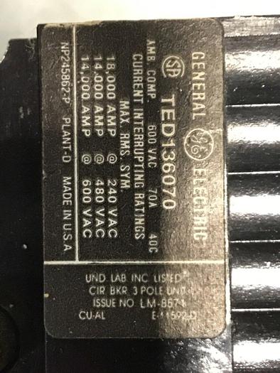 Used GE 70 Amp Circuit Breaker TED136070 / DISCONNECT #138657
