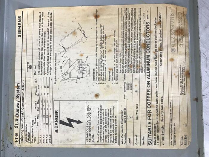 Used SIEMENS 60 Amp Buss Plug RV362 #137251