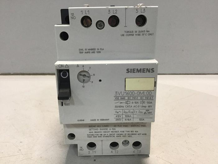 Used SIEMENS Motor Protection Circuit Breaker 3VU1600-0ML00 #129548