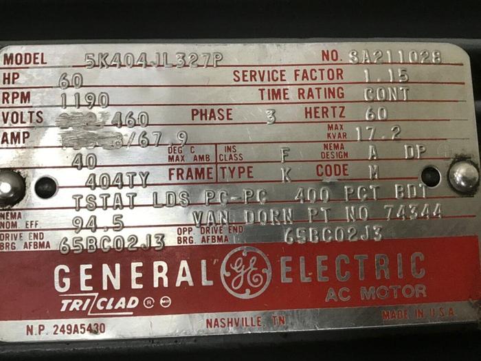 Used GENERAL ELECTRIC 60 HP AC Motor 5K404JL327P Used