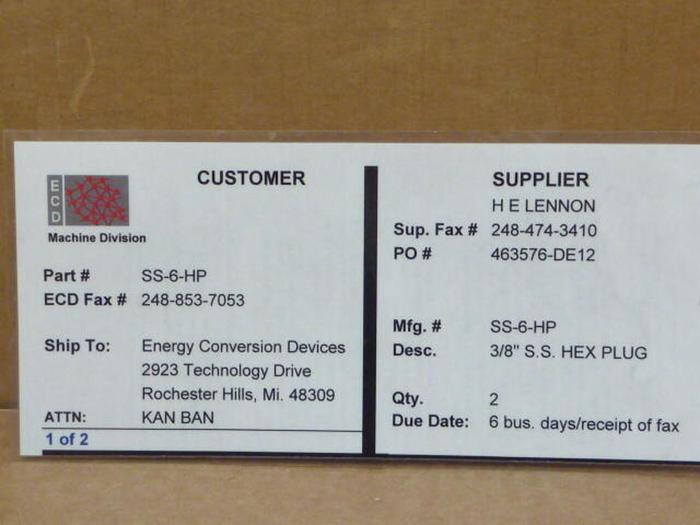 SWAGELOK Hollow Hex Plug SS-6-HP #39327