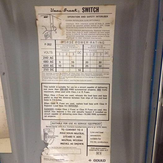 Used GOULD 60 Amp Vacu-Break Disconnect Switch F-352 #87768