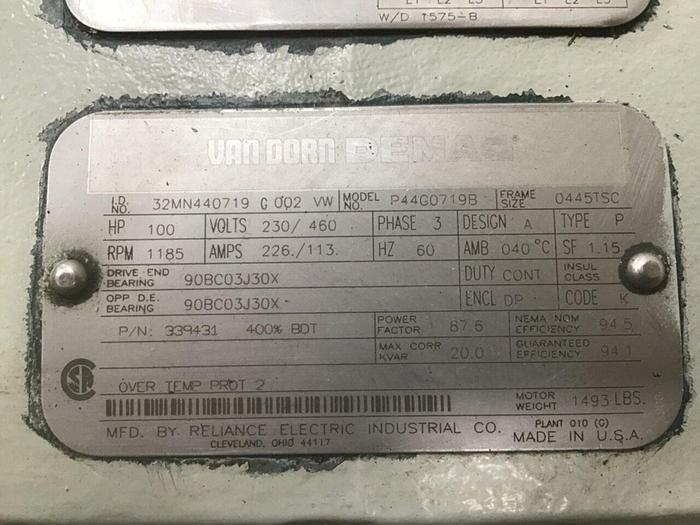 Used RELIANCE ELECTRIC Van Dorn Demag 100 HP Motor P44G0719B Used