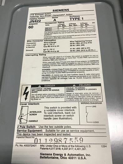 Used SIEMENS 60 Amp I-T-E Disconnect Switch JN422 #137862