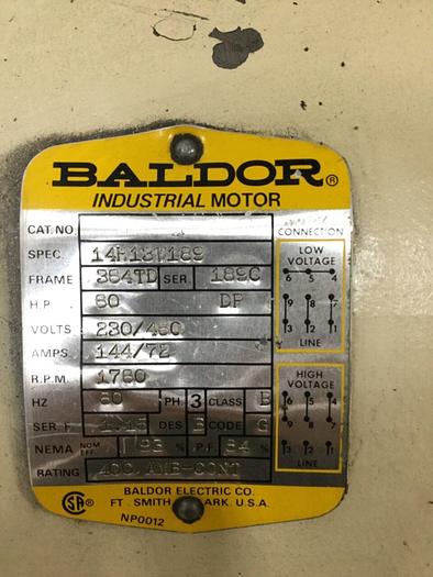 Used BALDOR 60 HP Motor 14H13W189 Used
