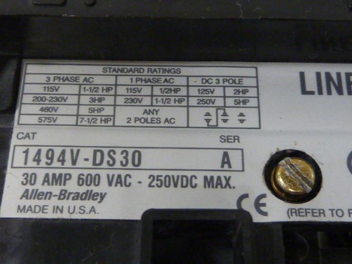 Used ALLEN BRADLEY 30 Amp Disconnect Switch 1494V-DS30 SER A #57424