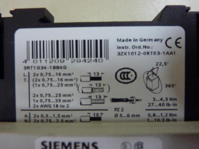 Used SIEMENS Contactor 3RT1035-1BB40 #55464