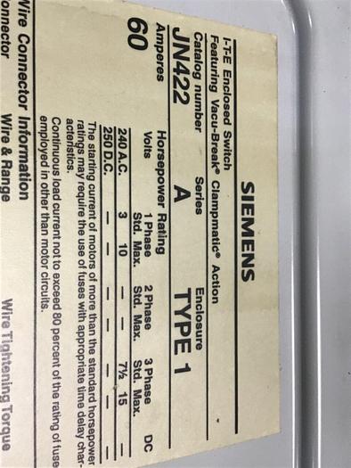 Used SIEMENS 60 Amp I-T-E Disconnect Switch JN422 #137902