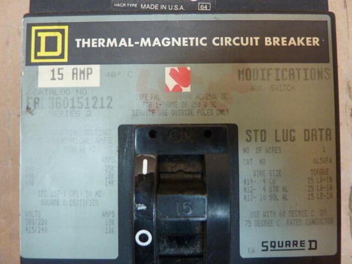 Used SQUARE D 15 Amp Circuit Breaker FAL360151212 #32158