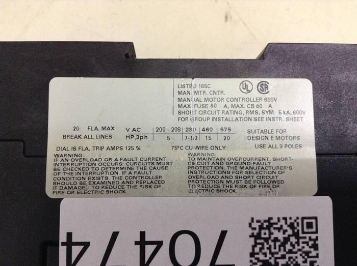 Used SIEMENS Manual Motor Controller 3RV1 431-4BA10 #70474