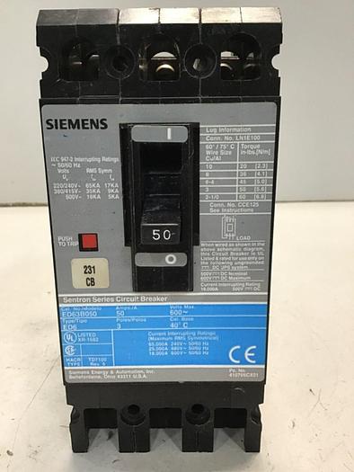Used SIEMENS 50 Amp Circuit Breaker ED63B050 Used