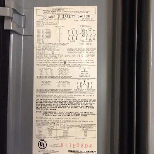 Used SQUARE D 30 Amp Safety Switch HU36IAWKEI #75913