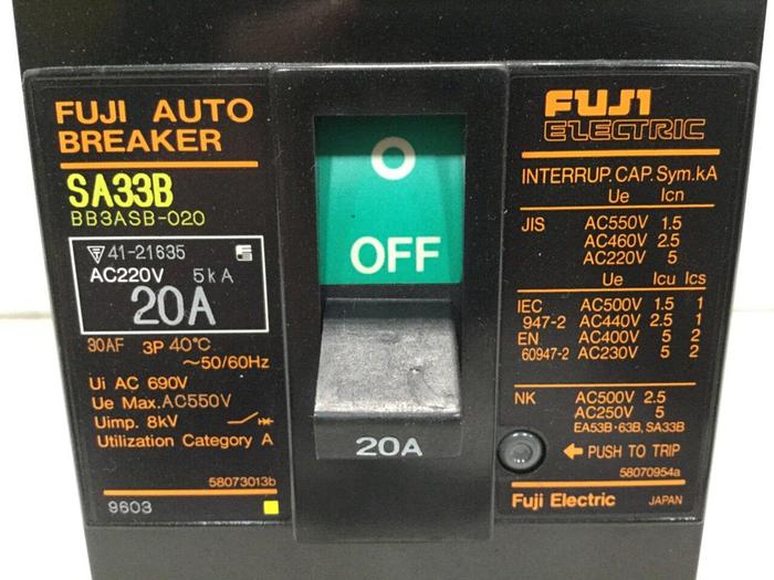 Used FUJI ELECTRIC 20 Amp Auto Circuit Breaker SA33B-20 #108878