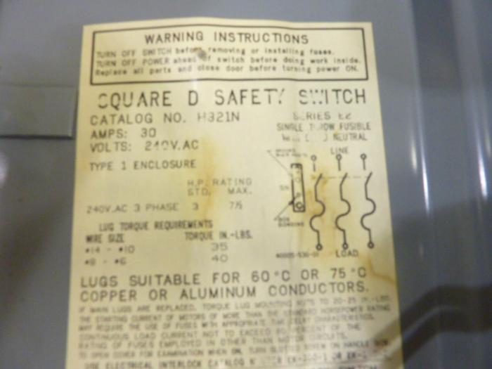 Used SQUARE D 30 Amp Safety Switch H321N #42981