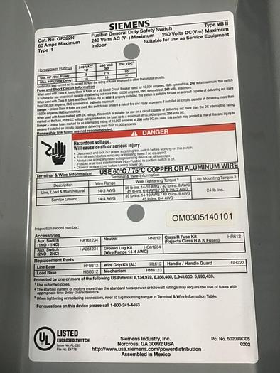 Used SIEMENS General Duty Safety Disconnect Switch GF322N VBII #137859