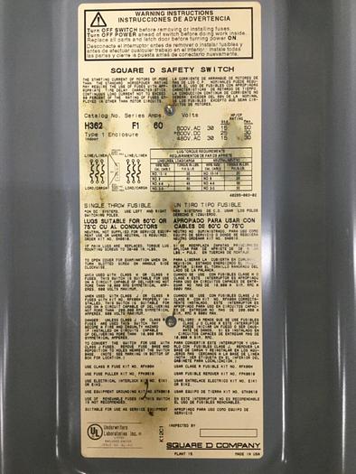Used SQUARE D Safety Disconnect Switch H362 F1 #106912