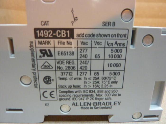 Used ALLEN BRADLEY 6 Amp Circuit Breaker 1492-CB1/G060 SER B #29008
