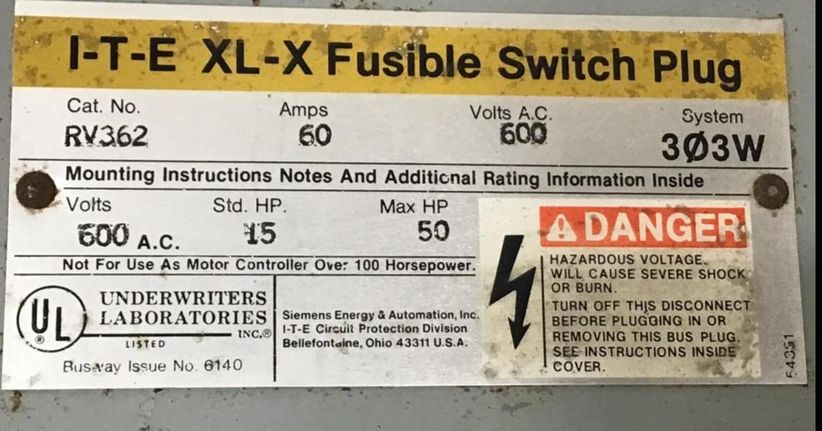 Used SIEMENS 60 Amp Buss Plug RV362 Used