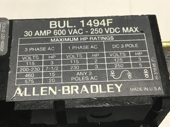 Used ALLEN BRADLEY 30 Amp Fuse Block Plate 1494F-C633 SER B #127473