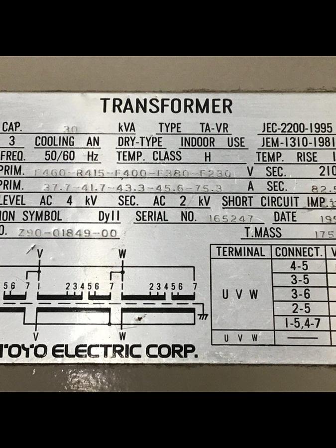 Used TOYO CORP 30 kVA Transformer Z90-01849-00 #132907