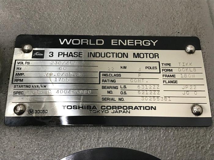 Used TOSHIBA 30 HP Induction Motor JIS C 4004 30 HP Used