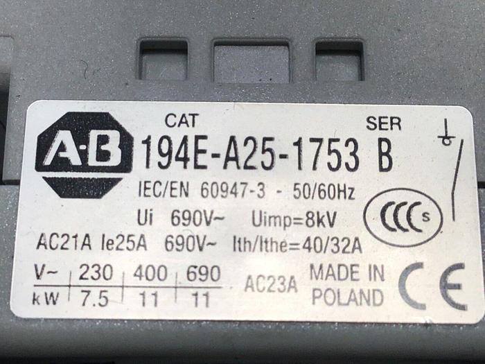 Used ALLEN BRADLEY Disconnect Safety Switch 194E-A25-1753 SER B #112967