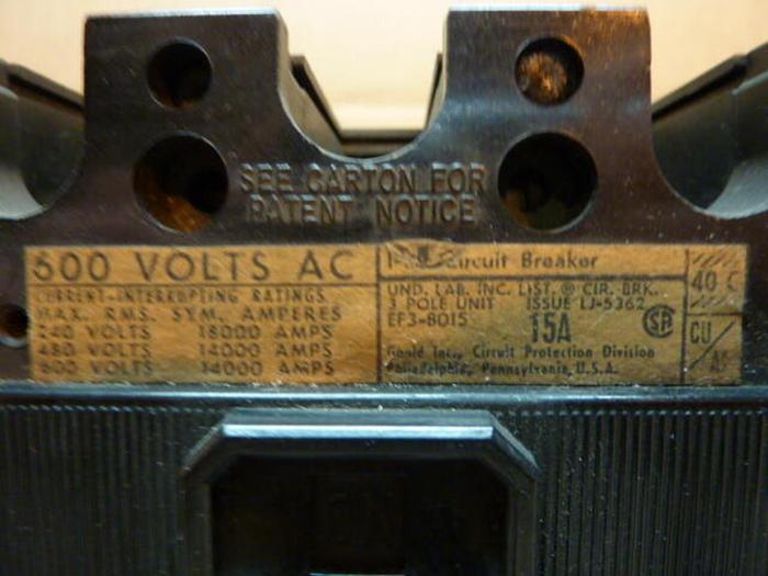 Used GOULD 15 Amp Circuit Breaker EF3-B015 #29489