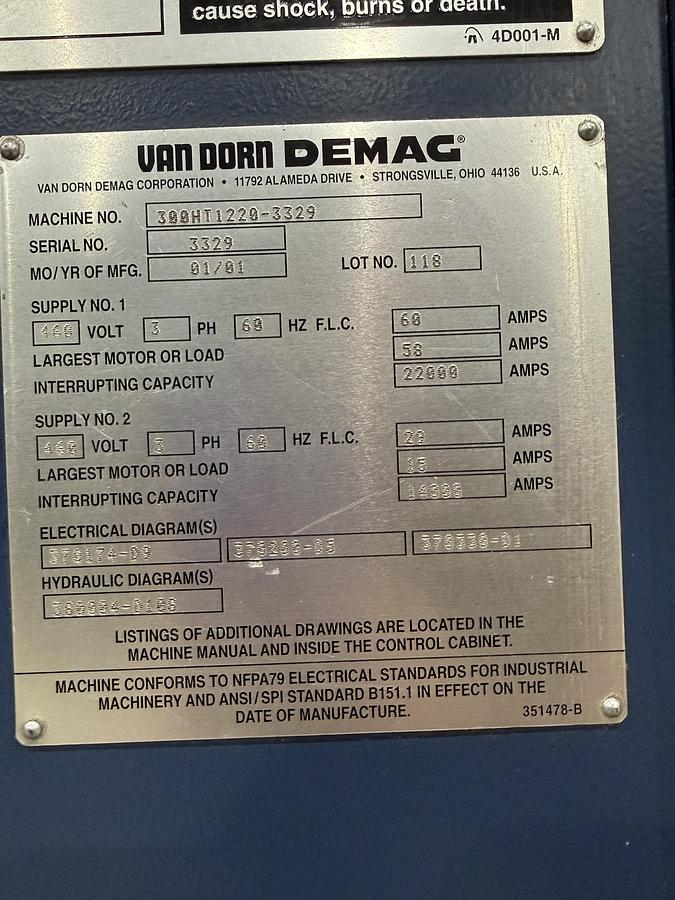 Used 2001 VAN DORN DEMAG 300 Ton Injection Molding Machine 300HT1220 USED #152798