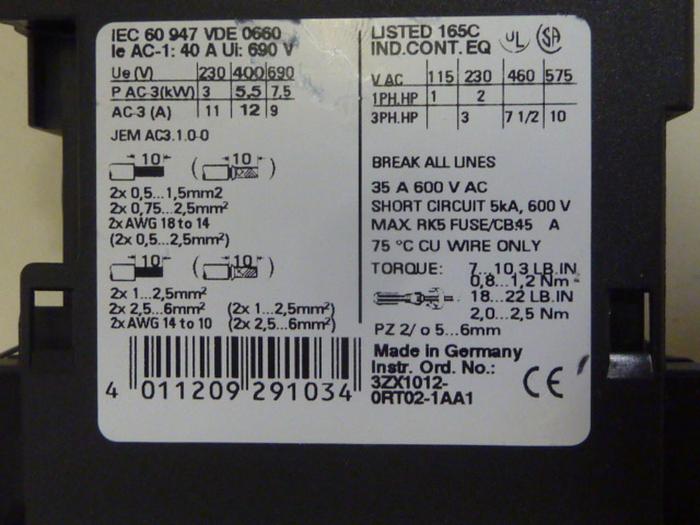 Used SIEMENS Contactor 3RT1024-1B 0 #76172