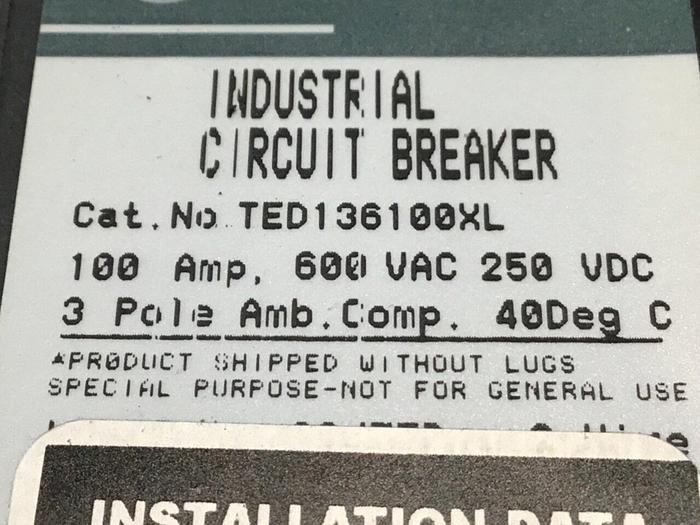 Used GE 100 Amp Circuit Breaker TED136100XL / DISCONNECT Used