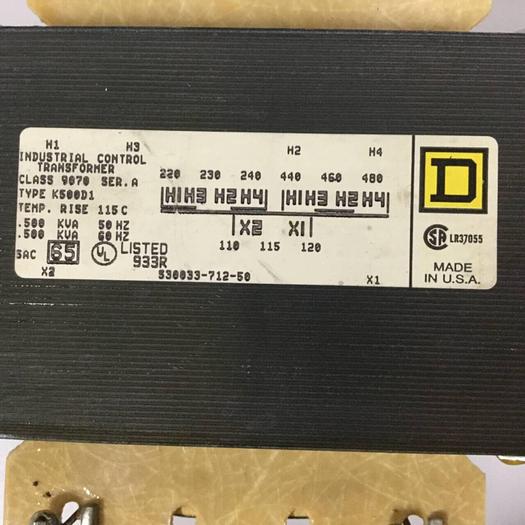 Used SQUARE D .500 kVA Transformer 9070-K500D1 #91122
