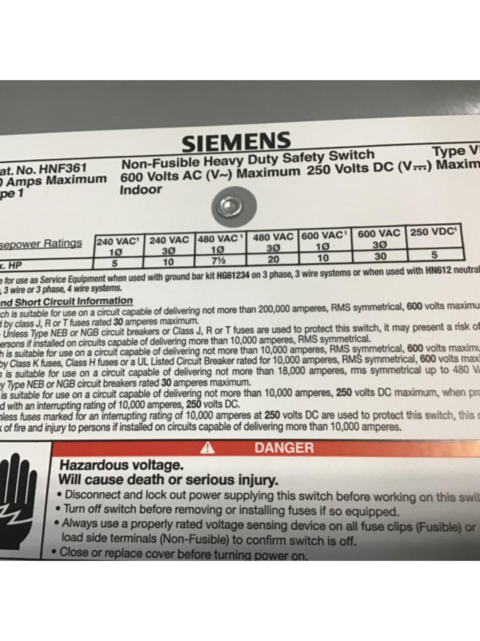 Used SIEMENS 30 Amp Safety Disconnect Switch HNF361 VBII USED