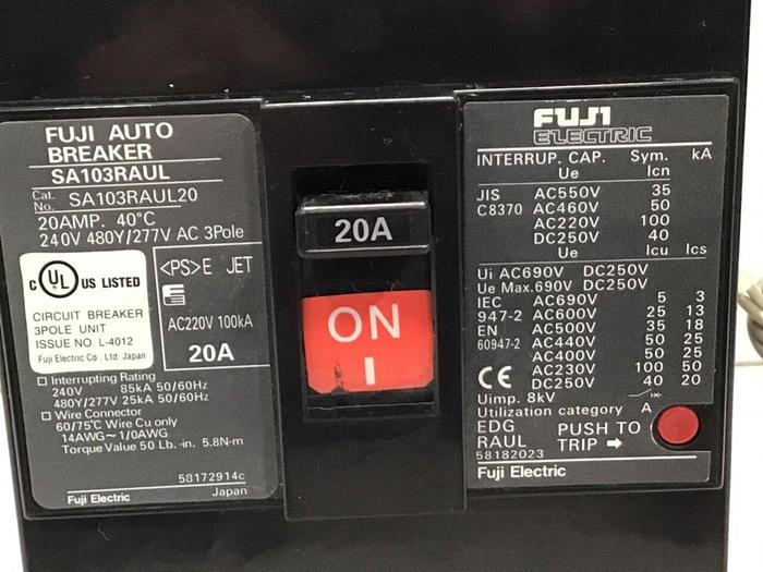 Used FUJI ELECTRIC 20 Amp Circuit Breaker SA103RAUL20 #104502