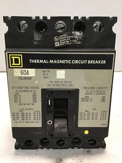 Used SQUARE D 60 Amp Circuit Breaker FAL36060 / SWITCH #138639
