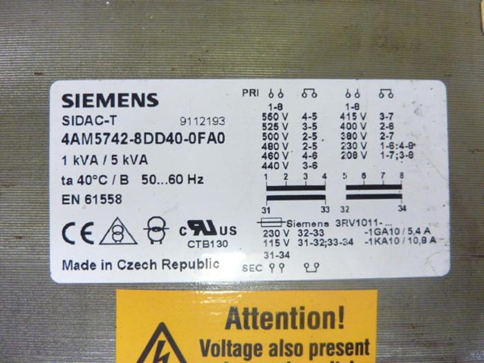 Used SIEMENS 1 kVA / 5 kVA Transformer 4AM5742-8DD40-0FA0 #44973