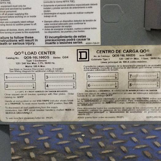 Used SQUARE D QO Load Center QO8-16L100DS #80908