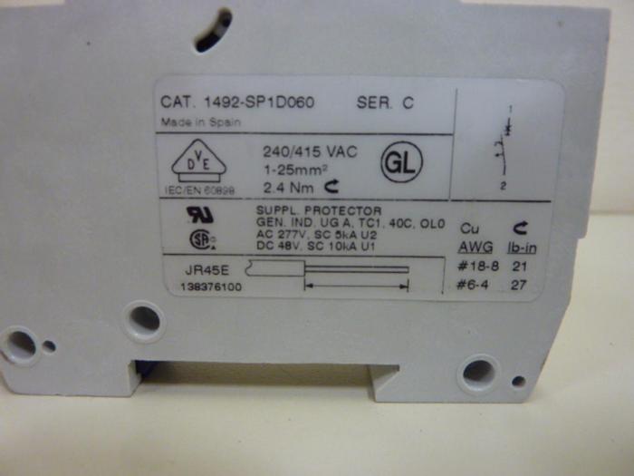 Used ALLEN BRADLEY 6 Amp Circuit Breaker 1492-SP1D060 SER C #55558