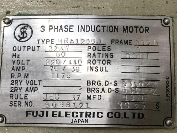 Used FUJI ELECTRIC 30 HP Motor MRA1205J Used