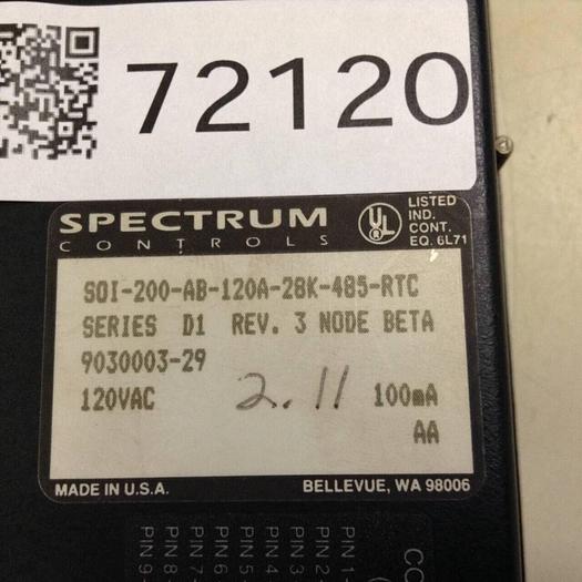 Used SPECTRUM CONTROLS Operator Interface Panel S0I-200-AB-120A-28K-485-RTC #72120