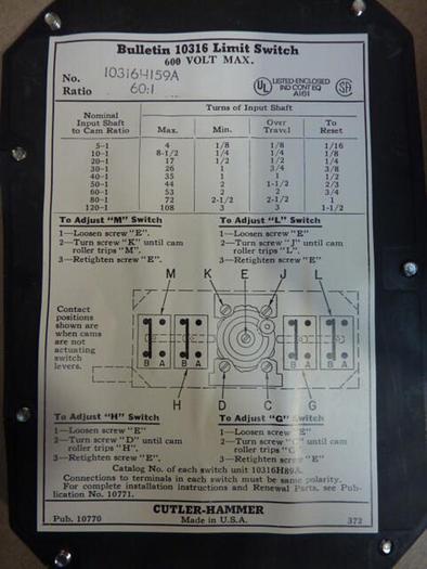 Used CUTLER HAMMER Rotating Shaft Limit Switch 10316H59A #29610