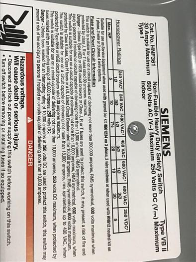 Used SIEMENS 30 Amp Safety Disconnect Switch HNF361 VBII #137847
